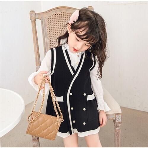2-8 Y Baby Girls Sweater Dress Autumn New Childs Long-sleeved Dress British Style Black White Stitching Knitted Dress For Girl