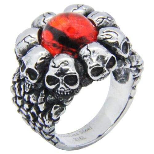 Size 8-12 Cool 316L Stainless Steel Fashion Orange Yellow Cat Eye Skull Ring Vintage Mens Cool Fashion Cool Crack Skull Ring