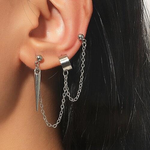 New Punk Hip Hop Tassel Chain Earrings Ear studs Vintage Rock Cone shape Geometric Chic Metal Bar Pendant Gift Party Bijoux