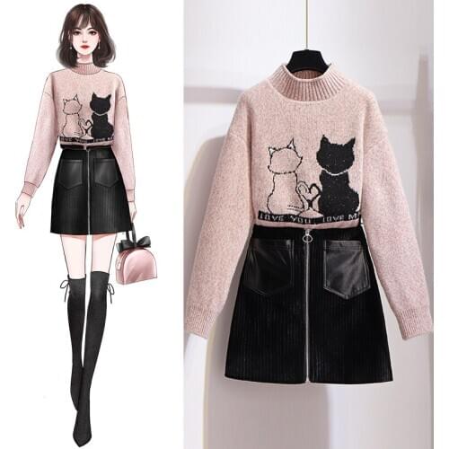 Net red womens sweater skirt two-piece set autumn and winter 2020 new western style small winter collocation suit short skirt i