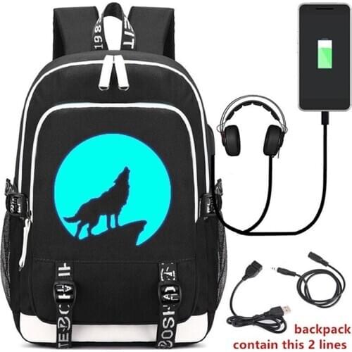 Moon Wolf Luminous School Canvas Backpack Student Teen Unisex Laptop USB Charging Port Anti-theft Backpack Breathable Bookbags