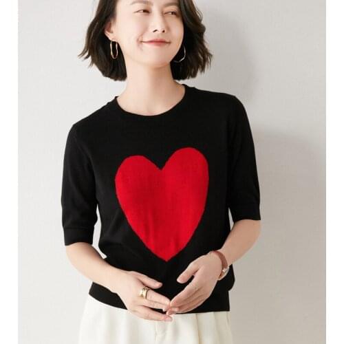 Worsted thin color-blocking short-sleeved sweater womens round neck pullover loose short top half-sleeved bottoming T-shirt sum