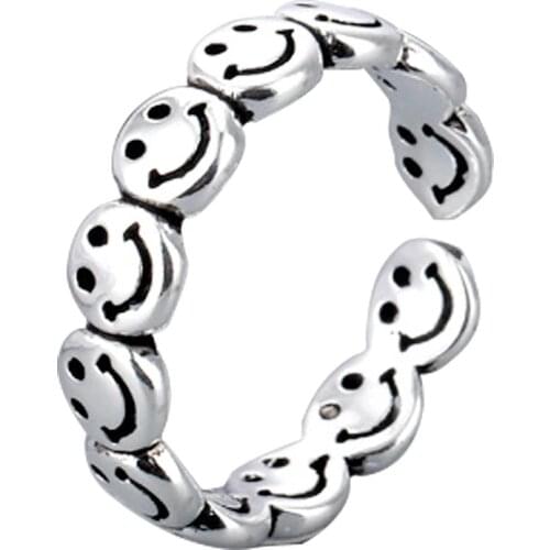 Vintage Ancient Silver Color Happy Smiling Face Open Rings for Women Punk Hip Hop Adjustable Ring Fashion Jewelry Best Gift