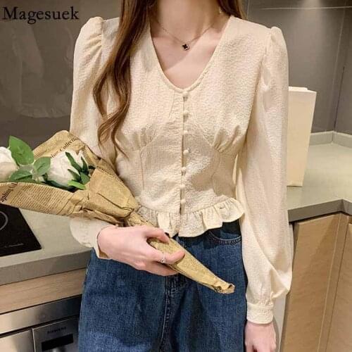 V-neck Puff Long Sleeve Pleated Blouse Women 2021 Autumn Korean Fashion Womens Shirt Patchwork Slim Short Tops Blusas 16745