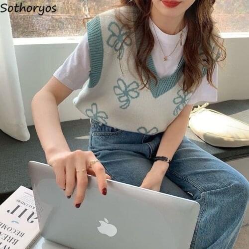 Autumn Tender V-neck Sweater Vests Women Loose Jacquard Knitwear Office Ladies All-match Warm Sleeveless Jumpers Vintage Flowers