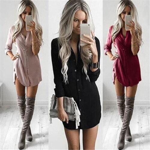 Womens Long Sleeve High Collar Button High Waist Solid Color Dress Split Fork Curved Dress Short Dress Three Colors Sizes S-XL