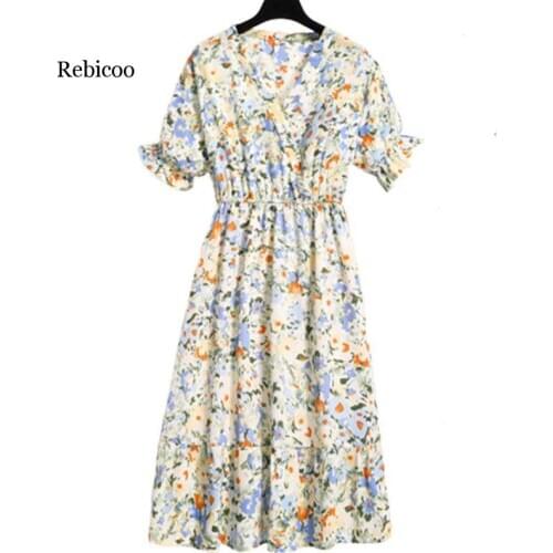 Chiffon Spring Summer Dress Women Sexy Elastic Waist V-neck Splice Pullover Print Floral Sweet Slim Vestidos Femme Clothing 2020