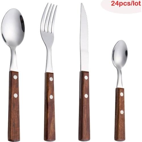 24Pcs Wooden Cutlery Set Wood Food Knife Fork Spoon Teaspoon Silver Tableware Dinnerware Sets Wooden Tableware