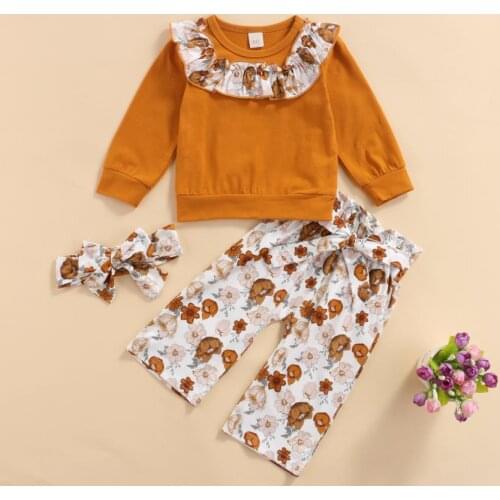 3pcs Baby Kids Suit Set Floral Print O-Neck Long Sleeve Pullover T shirt Trousers Headband Baby Girls Fall Spring Clothing