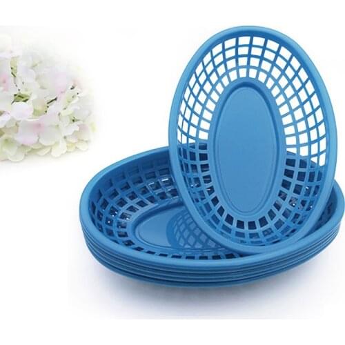 6pcs 9.4'' Red French Fries Basket Plastic Picnic Plates Black Oval Fast Burger Serving Tray Dinner Bandeja Restaurant