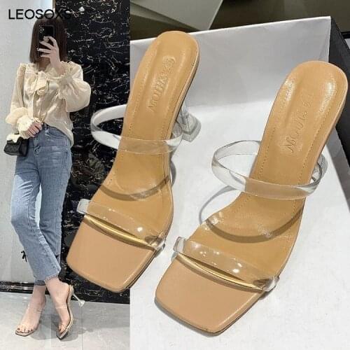 Summer Shoes For Women 6-8CM High Heeled Sandals 2021 New One Line Belt 41-42 Wine Glass With Transparent Slippers