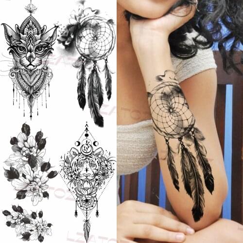 Black Dream Catcher Feathers Temporary Tattoos For Women Adult Geometric Tiger Cat Pendant Fake Tattoo Unique Half Sleeve Tatoos