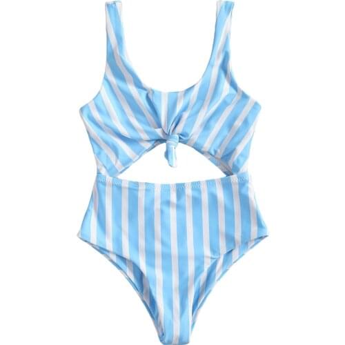 Kids Girls One-piece Swimsuit Sleeveless Striped Print U-shaped Neck Hollow Out Knot Swimwear Children Beach Swimming Suit 2021