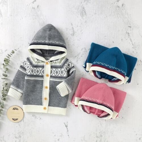 Baby Sweaters Knitted Fashion Autumn Outerwear Newborn Boys Girls Knitwear Jackets with Hood Full Sleeve Toddler Winter Costumes