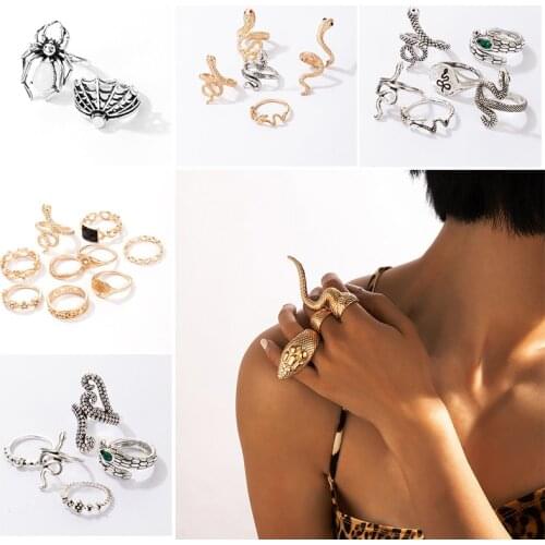 Docona Bohemia Snake Spider Finger Rings for Women Gothic Geometry Hollow Out Animal Metal Ring Sets Party Jewelry Accessories