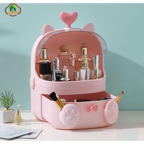 MSJO Makeup Organizer Box Storage Cute Cat Shape Plastic for Desk/Bathroom/Bedroom Makeup Brush Organizador Storage Boxes Bin