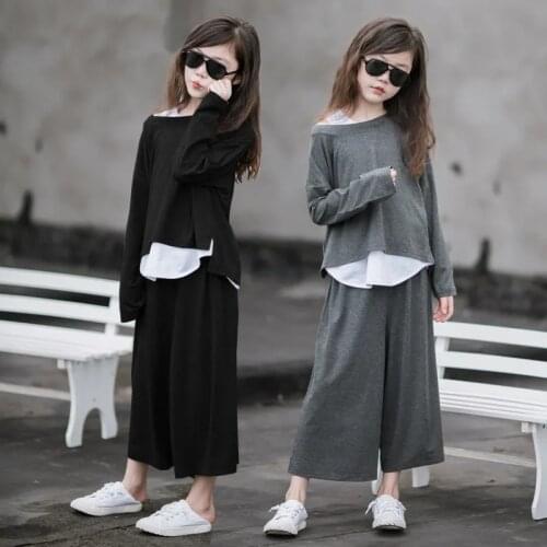 Clothing for girls 2021 spring and autumn childrens black large children wide leg pants 3 piece Sets for girls 8 9 10 12 years
