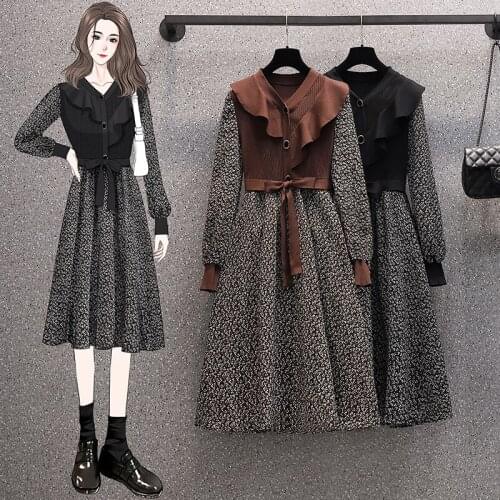 EHQAXIN Autumn Winter Womens Knitted Dresses Retro V-Neck Wooden Ears Floral Stitching Button Lace-Up Mid-Length Dress L-4XL