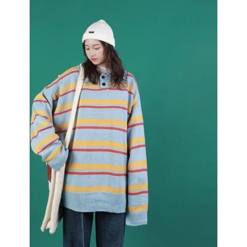 Autumn long-sleeved loose lazy wind knitted retro personality striped sweater women