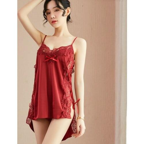 Sexy Womens Sleepwear Perspective Lace Nightdress Thin Homewear Nightwear Silk Sleeveless Nightgown Night Dress