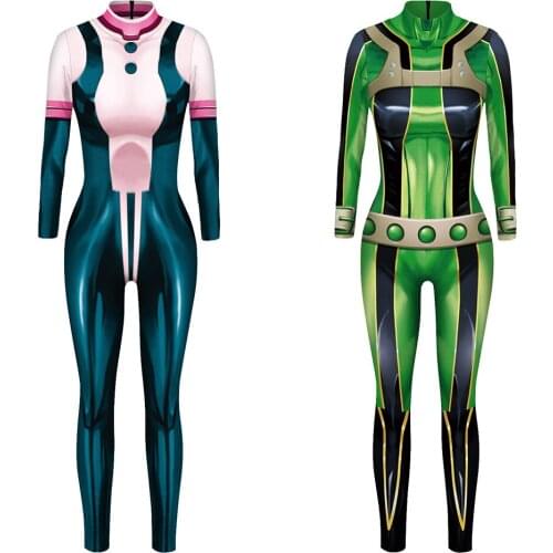Hot Anime My Hero Academia Bodysuit Asui Tsuyu Cosplay Fashion Sexy Costumes Jumpsuit Halloween Fancy Ball Suit Romper for Women