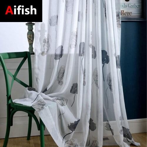 Simple Chinese Grey Lotus Leaf Printing 100% Polyester Home All-Match Tulle Curtains For Living Room Bedroom Decorative Curtains