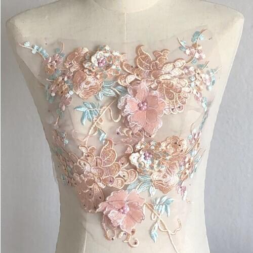 Pink 3d Sequin Flower Embroidery Patch Mesh Lace Fabric Beaded Crystal Applique Sewing Dress Clothes Accessory Diy Patches