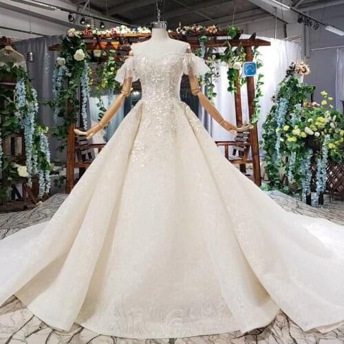 BGW HT41615 Light Champagne Wedding Dress With Bow Appliques Sequined Off Shoulder Wedding Gown With Train Vestiti Da Sposa 2019