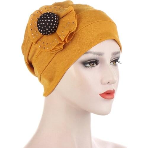 Woman Beautiful rhinestone Flower Turban Elastic Cloth Head Cap Hat Muslim Womens Hijabs Ladies Bandana Muslim Head Cover