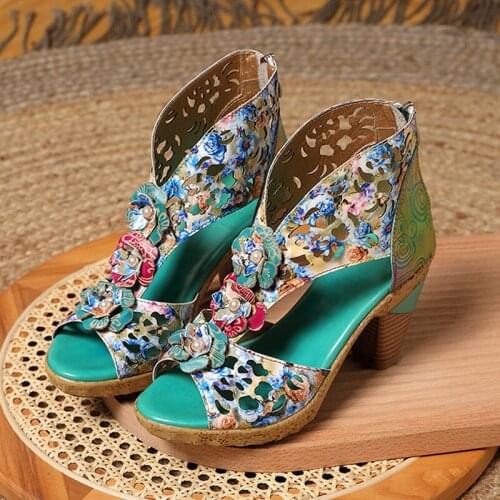 Women Sandals Female Party Genuine Leather High Heels Summer Shoes Mixed Colors Hollow Flower Handmade Concise Ladies Sandals