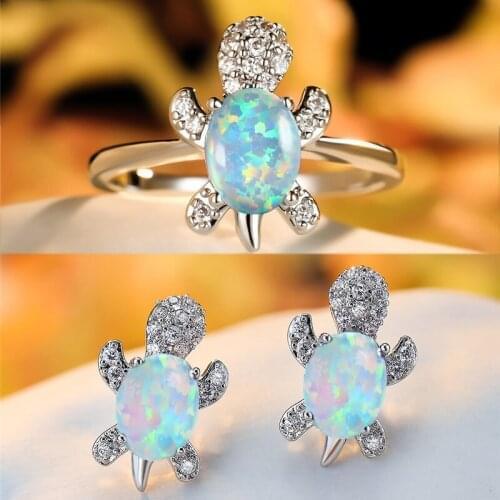 Female Cute Small Sea Turtle Jewelry Sets White Opal Oval Stone Ring Earrings For Women Classic Silver Color Bridal Wedding Sets