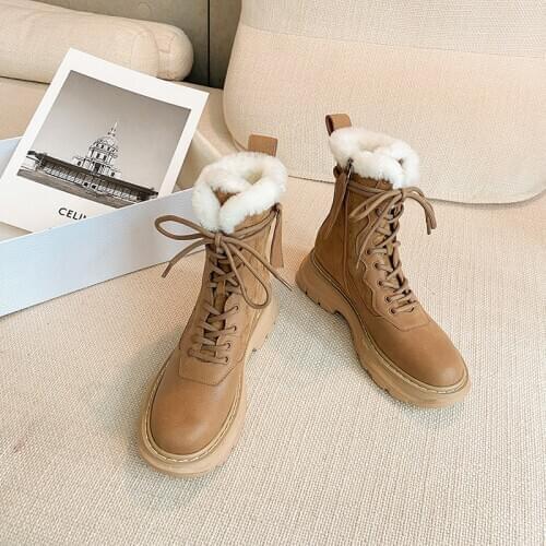 Winter 2020 Women Snow Boots Martin Boots Short Boots Leisure Genuine Leather Cowhide Wool Warm Women Shoes