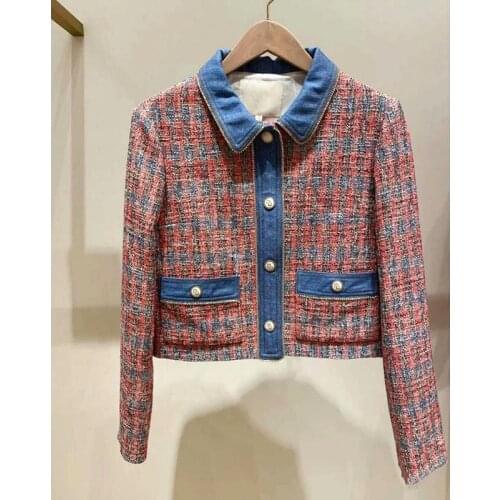 2021 New Womens coat Long Sleeve Plaid Patchwork Pocket V-neck French Brand Elegant Office Woman Jacket