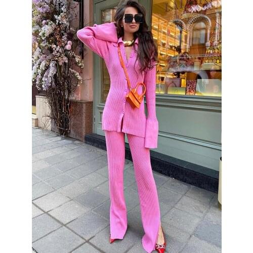 MEIYANGYOUNG Autumn Knitted Cardigan Suits Sweater And Pants 2 Pieces Sets Women Slim Pullovers Female Pink Pants Sets Outfits