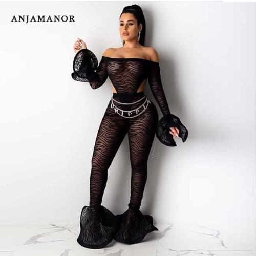 ANJAMANOR 2 Piece Set Women Mesh Sheer Off Shoulder Bodysuit Leggings Bell Bottoms Matching Sets Sexy Club Outfits D37-AF58