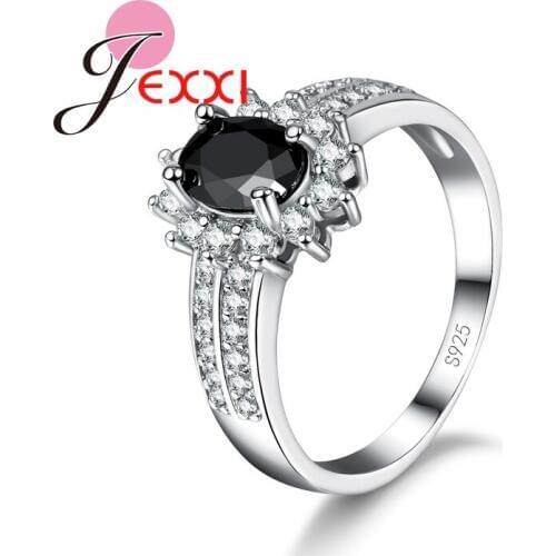 Elegant Big Black Crystal Ring Engagement Wedding Women Fashion Design 925 Sterling Silver Rings Fashion Jewelry