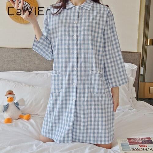 CAIYIER New 2021 Spring Summer Women Solid Night Dress Grid Print Girls Casual Nightgowns Korean Sleeping Dress Cute Loungewear