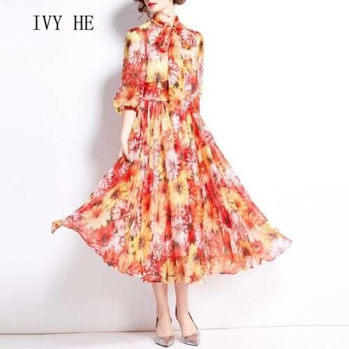 IVY HE High Quality Summer Dress Woman Clothing Department Leader Print Sunflower Midi Long Dress Traf Robe ZA Party Dresses