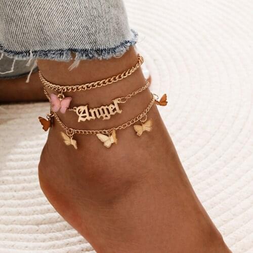 3 Pcs/Set Fashion Candy Color Butterfly Anklets Set Sweet Letter Angel Anklets for Women Foot Chain Jewelry Gifts