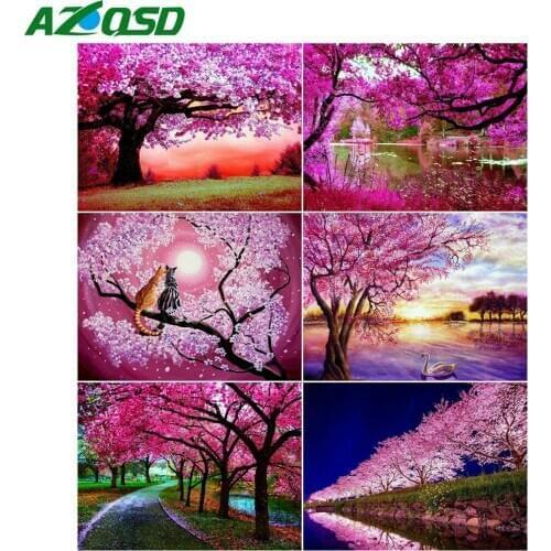 AZQSD Full Square Diamond Embroidery Sakura Mosaic Picture Of Rhinestones Diamond Painting scenery Needlework Home Decor