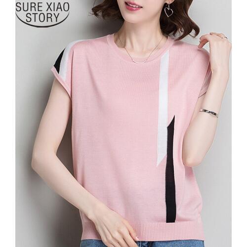 2020 Summer Ice Silk Blouses Women Loose O-Neck Tops Korean Shirts Fashion Casual Thin Short Sleeve Soft Knitted Shirt 9762