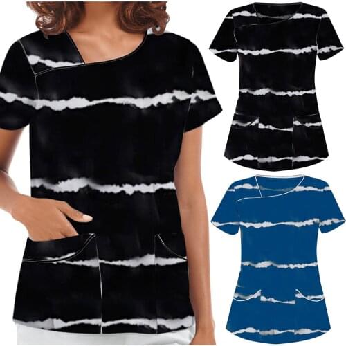 Hospital Nurse Work Uniform Women Short Sleeve Stripes T-shirts Beauty Salon Working Scrub Tops With Pocket Gorro Enfermera A40