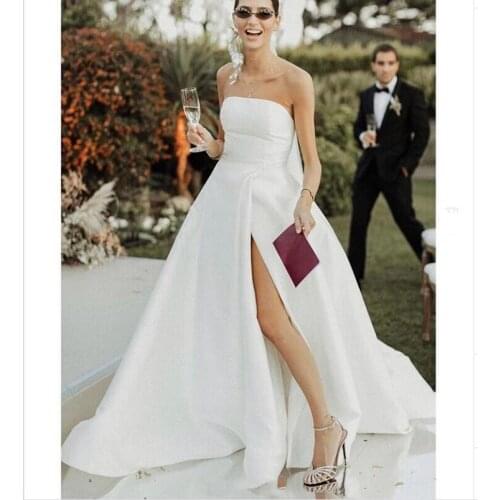 Elegant White Satin High Side Split Bridal Dresses Off The Shoulder Simple Long Wedding Gowns Formal Party Dress Women