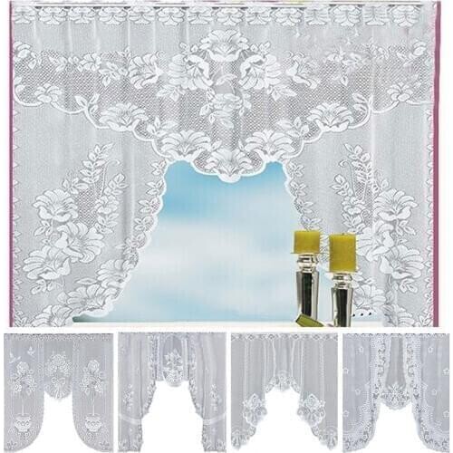 European Style White Translucent Coffee Curtain Warp Knitted Curtains Kitchen Tulle Lace Sheer Jacquard Bedroom Curtains