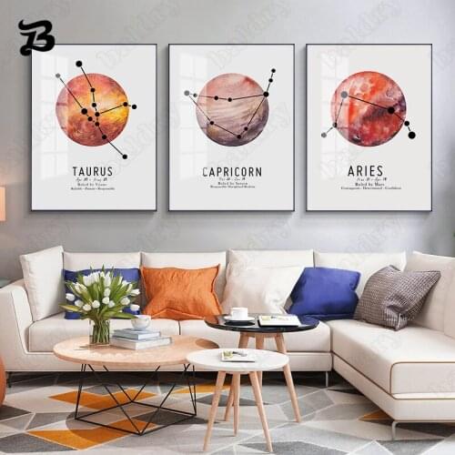 Twelve Constellation Art Canvas Painting Modern Nordic Abstract Colorful Planet and Lines for Living Room Childrens Room Decor