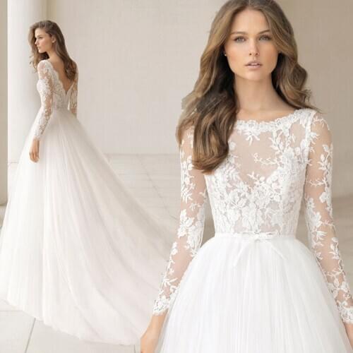 Illusion Lace Backless Wedding Dress 2021 Long Sleeve Bridal Gown With Train A-line Princess Luxury Vestido De Noiva Customize