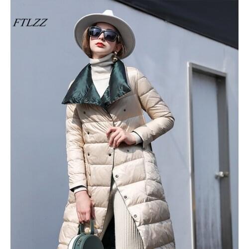 FTLZZ Women Double Sided Down Long Jacket Double Breasted Snow Outwear Warm Parka Stand Collar Lapel 90% White Duck Down Coat