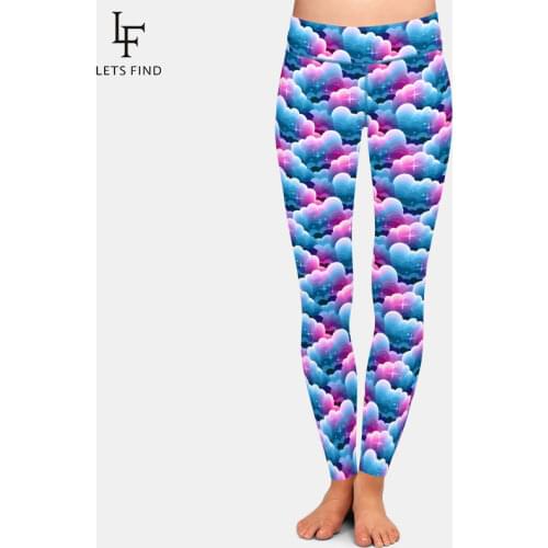 LETSFIND Hot Sales 3D Blue and Purple Gradient Clouds with Stars Print Plus Size Leggings High Waist Women Soft Slim Pants