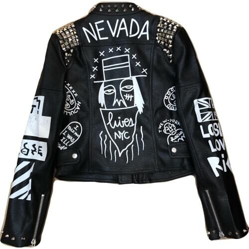 Fashion Rivet beading leather jacket Locomotive graffiti cartoon character pu Leather Jacket female Punk Motorcyle Jackets F2369