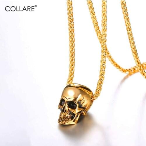 Collare Gothic Skull Pendants Men Black/Gold Color Skeleton Biker Jewelry 316L Stainless Steel Punk Head Of Skull Necklaces P827